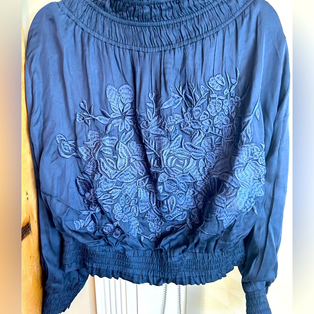 Navy silk feel bomber jacket with flower embroidery